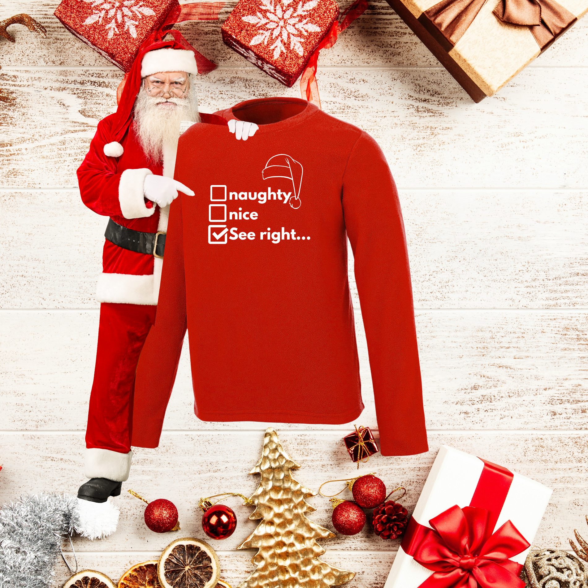 Red sweater with text 'naughty nice see right' worn by a person in Santa Claus costume on a festive background.