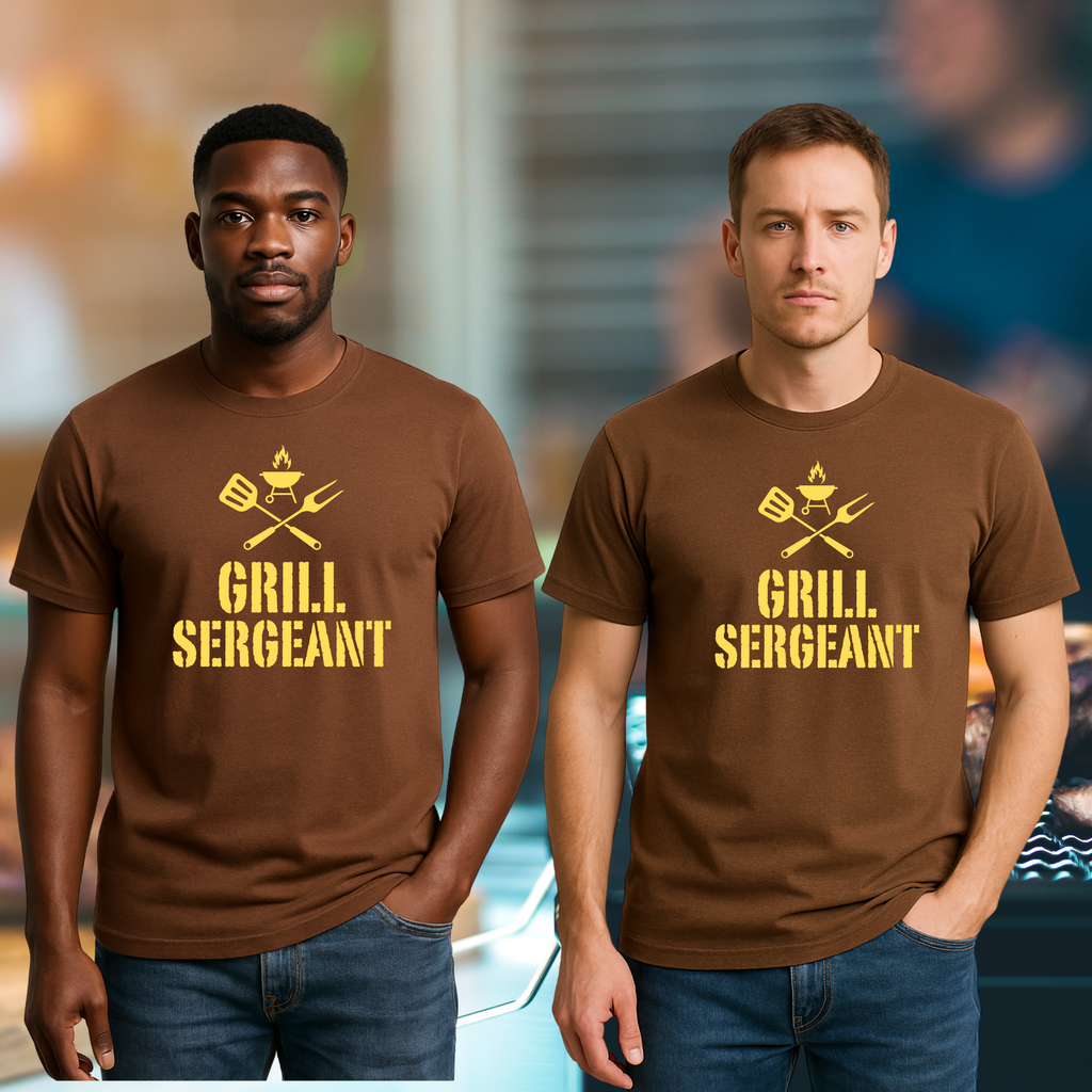 Two men wearing brown 'GRILL SERGEANT' t-shirts with a graphic design.