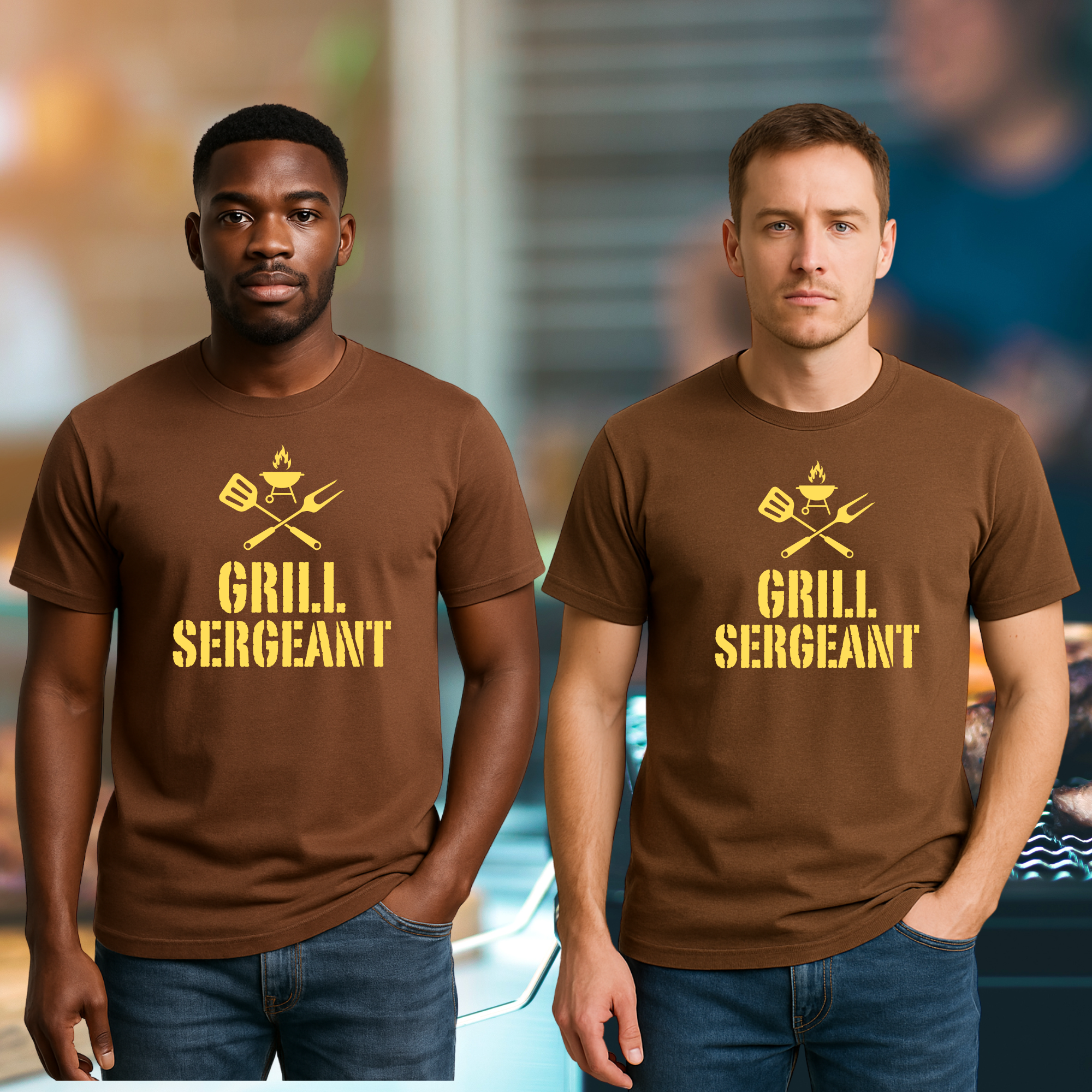 Two men wearing brown 'GRILL SERGEANT' t-shirts with a graphic design.