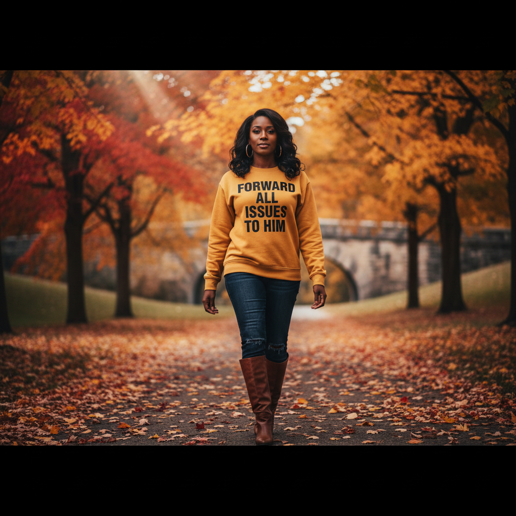Woman wearing a yellow sweatshirt with text walking through an autumn park.